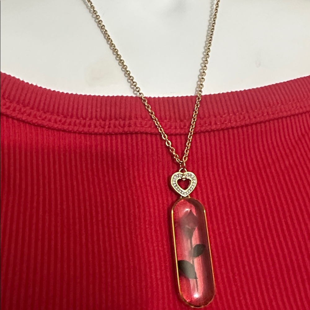 Gold Heart Necklace with Red Rose Pendant